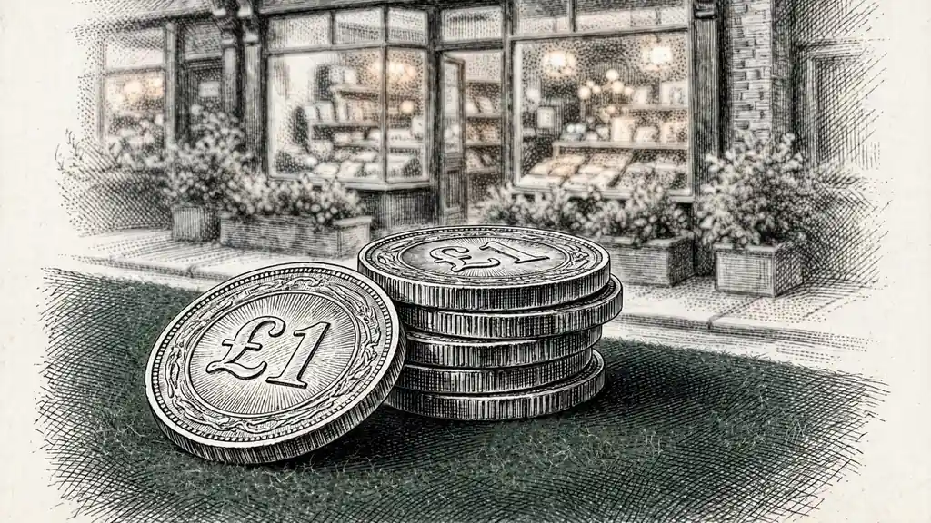 One-pound coin on green felt with British high street blurred behind, warm evening light.
