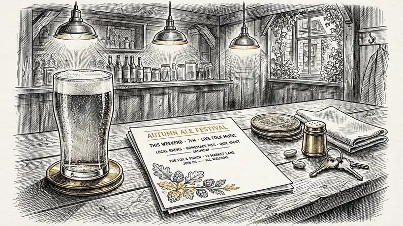 Promotional flyer on a pub table with a pint of ale and warm lighting.