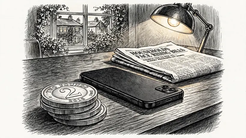 Two-pound coins stacked beside a face-down smartphone on a wooden table.