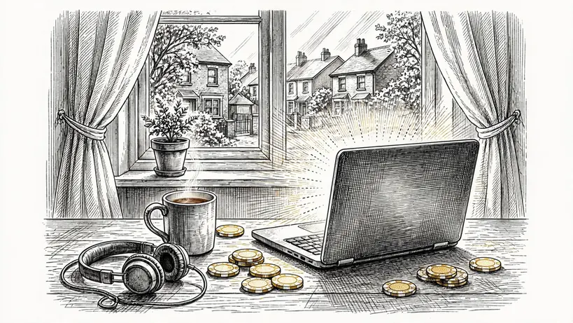 Laptop, tea mug, headphones, and casino chips on a desk near a sunlit window