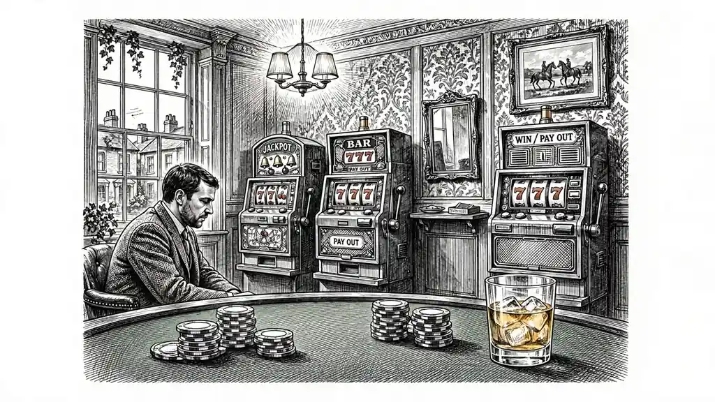 British casino lounge with slot machine cabinets and stacked chips on a felt table