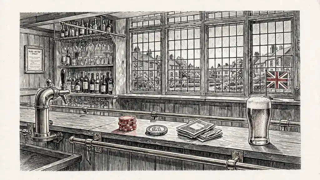 British pub bar counter with casino chips, pound coin, and pint glass