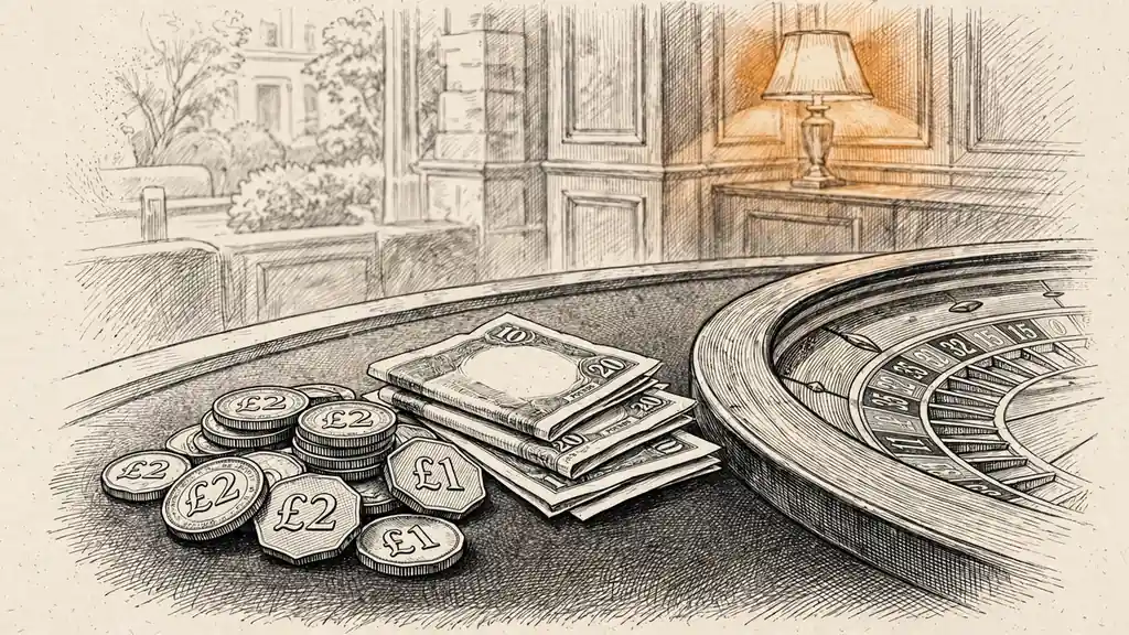 Small pile of pound coins beside a roulette wheel on a casino table.