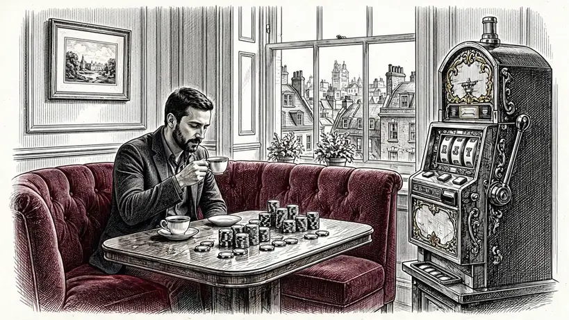 UK casino lounge with teacup, scattered chips, and ornate slot machine viewed from the side.