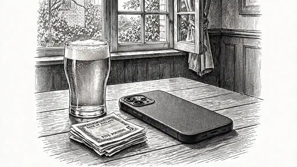 Smartphone on a wooden table with a five-pound note and a pint of beer