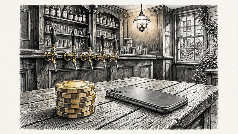 Golden casino chips next to a smartphone in a traditional British pub.