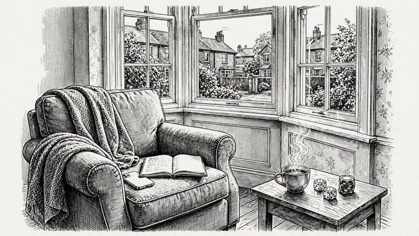 British living room corner with smartphone, tea, notebook and poker chips on a side table.