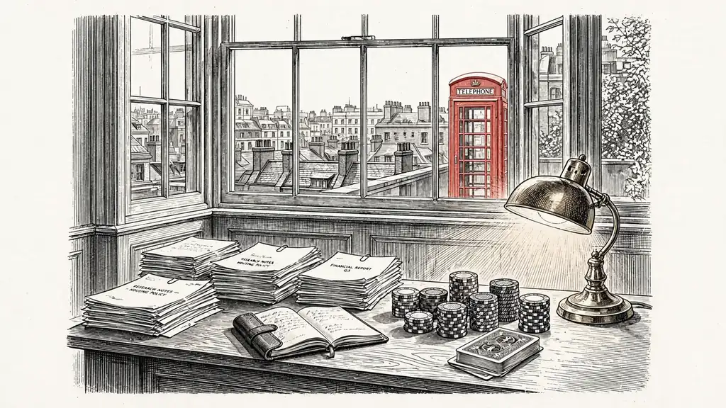 wooden editorial desk in London office with research documents, casino chips and cards near sash window