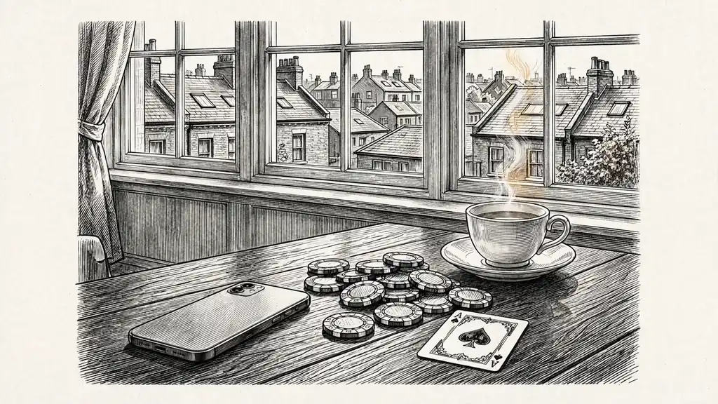 Smartphone on a table with casino chips and a teacup in a London apartment.