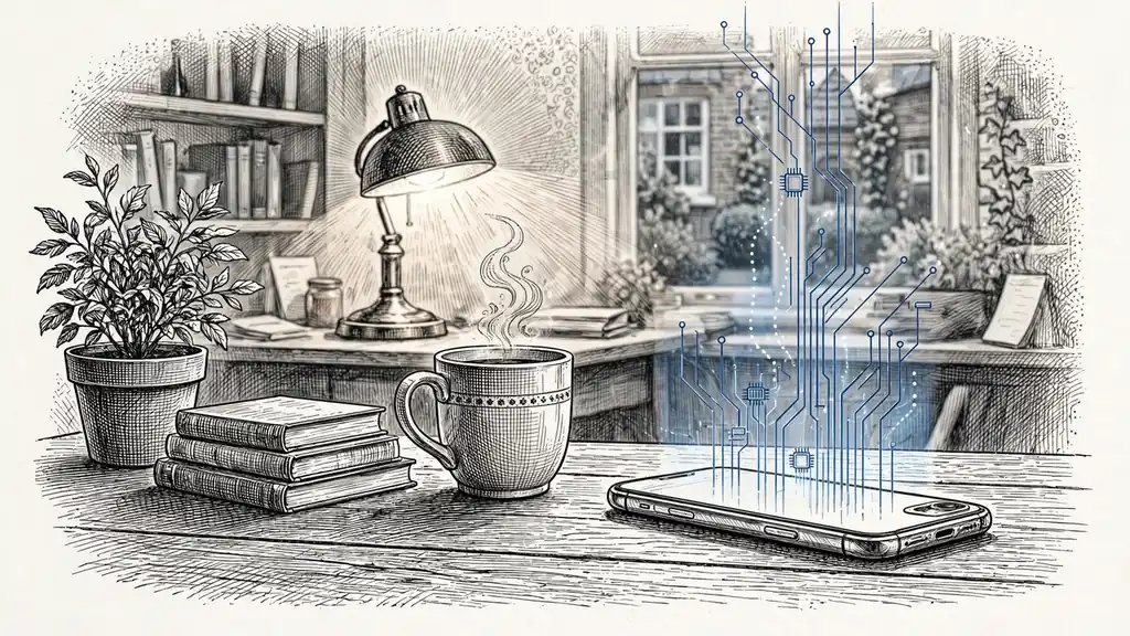 Smartphone on table with glowing circuit lines suggesting app infrastructure, home office setting