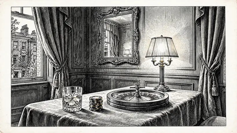 Elegant private gaming room with roulette wheel, stacked chips, and whisky glass