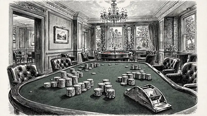 Classic British casino table with chips and roulette wheel under chandelier light