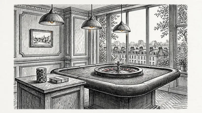 Stylish UK casino lounge interior with chips, cards and roulette wheel.