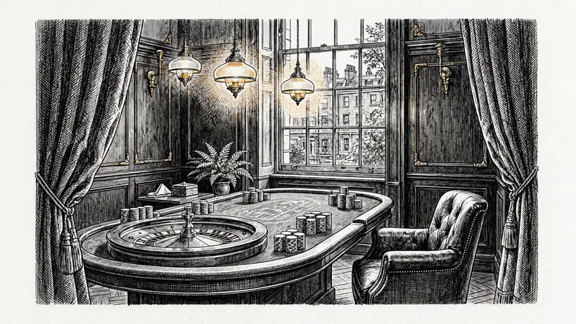 Private VIP casino lounge in London with a roulette table and warm amber lighting.