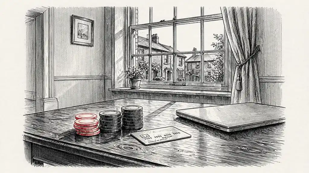 Casino chips, payment card, and closed laptop on a wooden table in a sunlit British room.