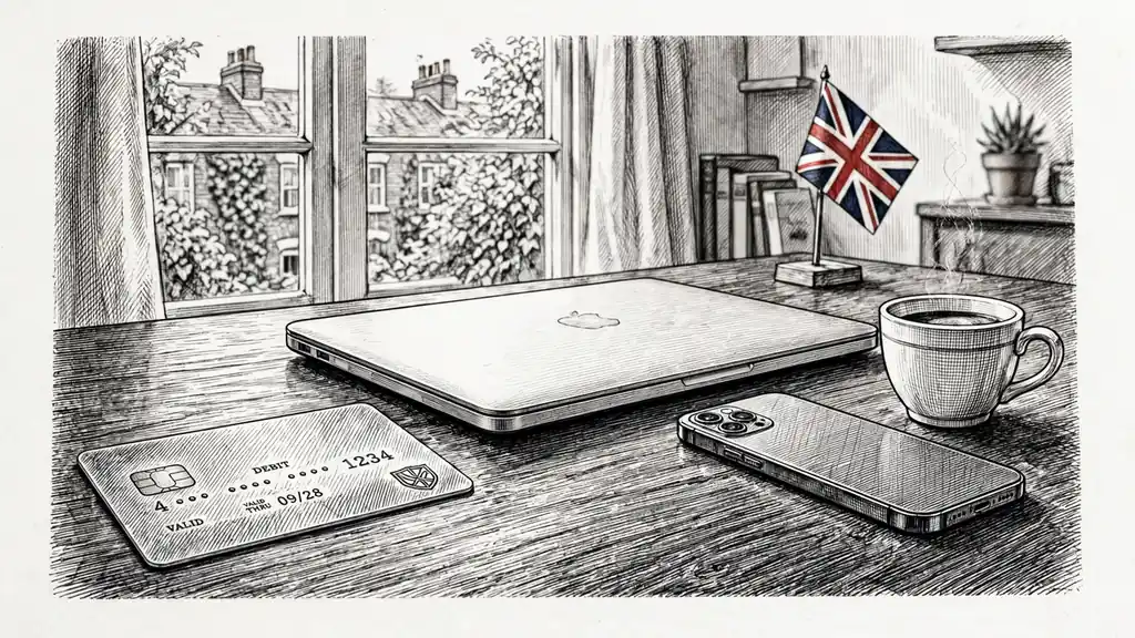 Payment card, closed laptop, and smartphone on a desk with a Union Jack flag in a UK home office.