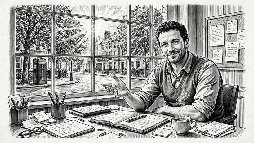 Smiling support agent at a desk with tea, offering help