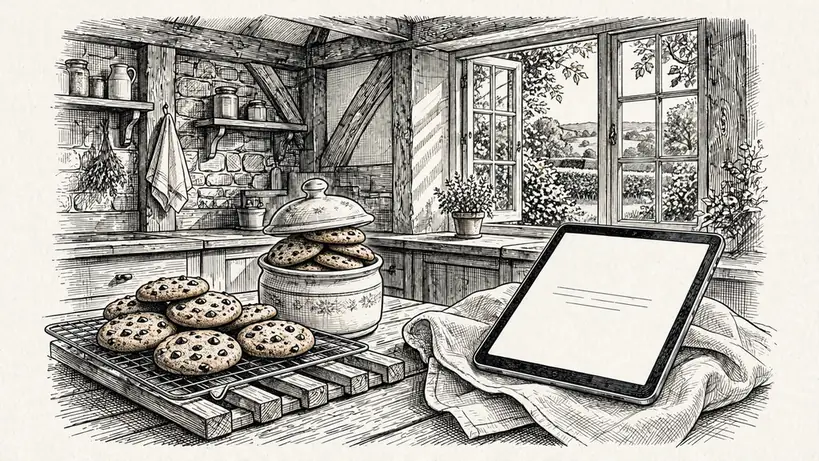 Homemade chocolate chip cookies in a jar beside a tablet on a kitchen counter.