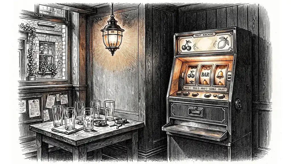Traditional British pub with a fruit machine in warm evening light