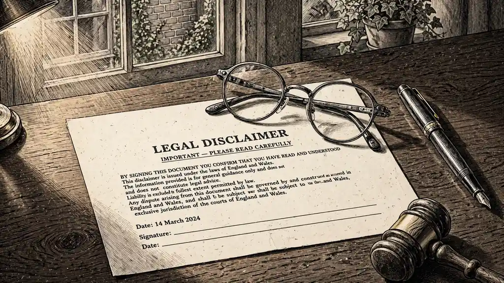 Legal disclaimer document on a wooden desk with reading glasses, pen, and gavel
