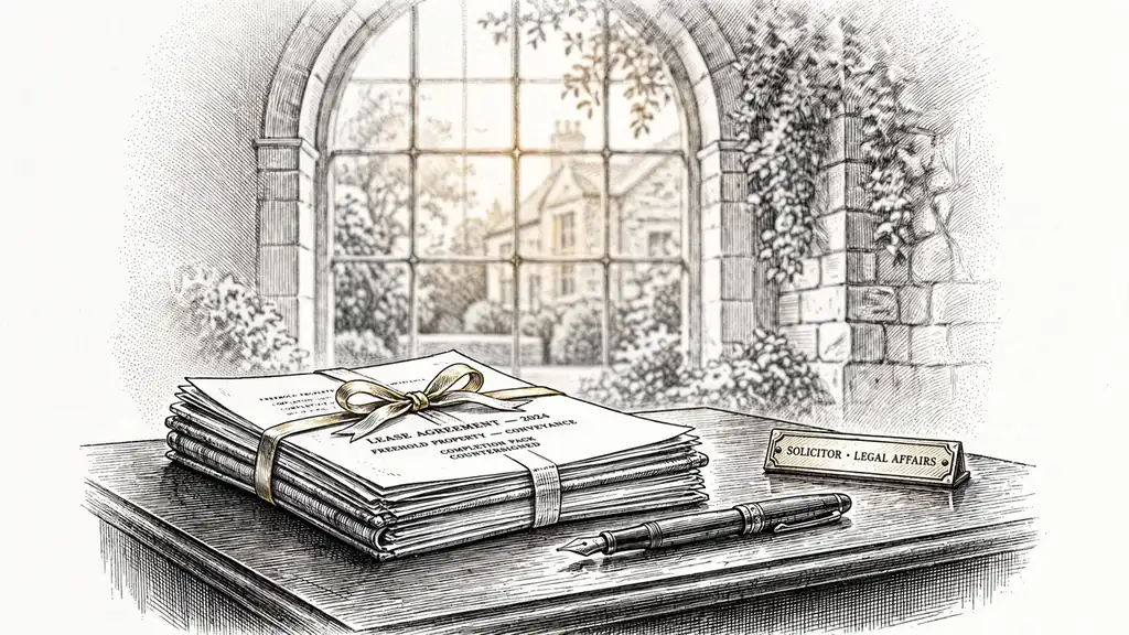 Bound legal documents and a fountain pen on a wooden desk in a British office.