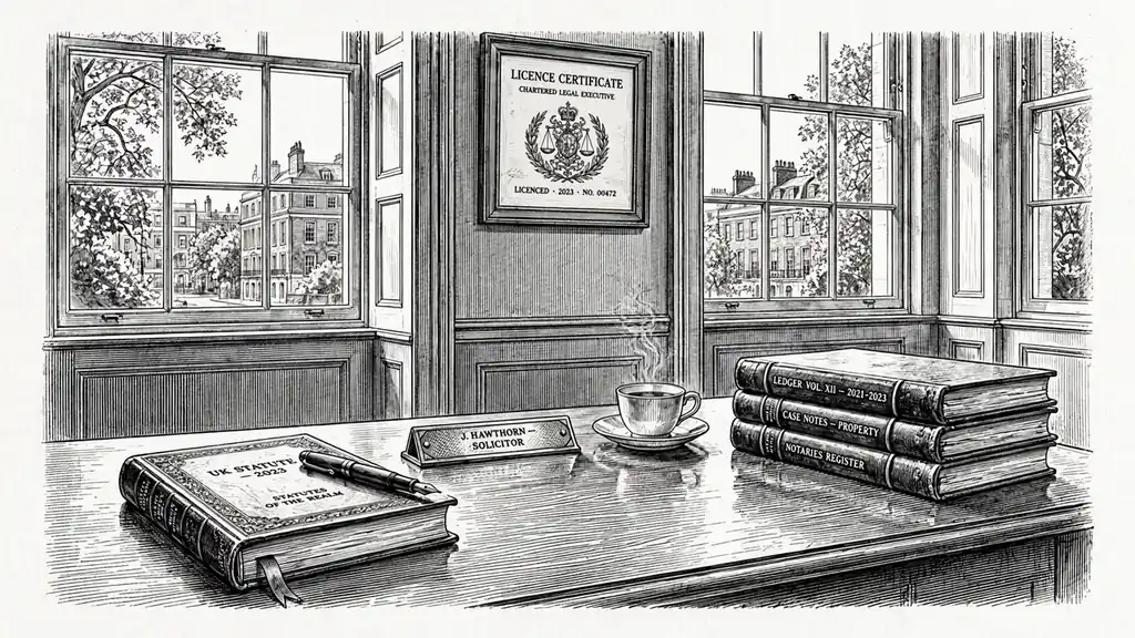 UK regulatory office desk with statute book and licence certificate