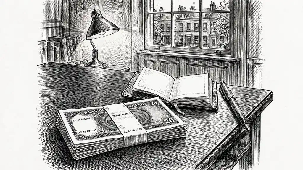 Stacked pounds with receipt book on a study desk