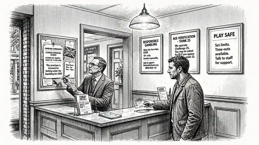 Licence check at a UK betting shop reception desk