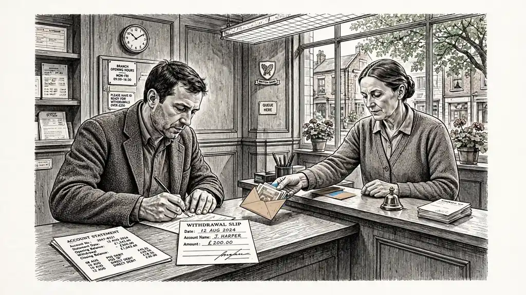 Withdrawal at a UK bank counter with pound notes