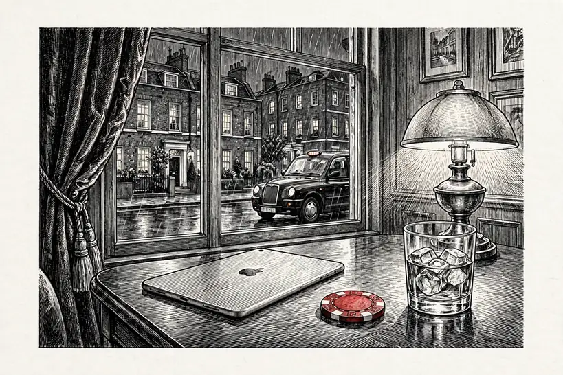 iPad on a wooden table with a casino chip and whisky, rainy London evening through the window.