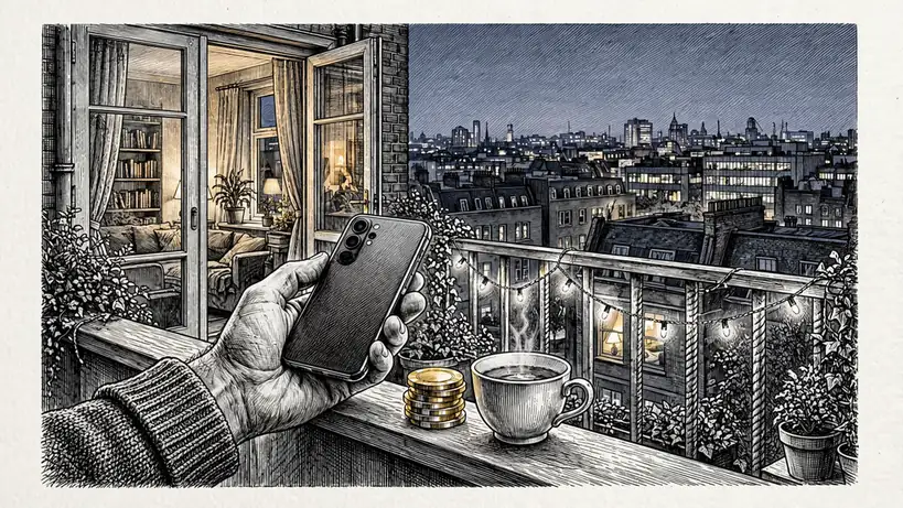 Hand holding a smartphone on a London balcony at dusk with casino chips and tea nearby