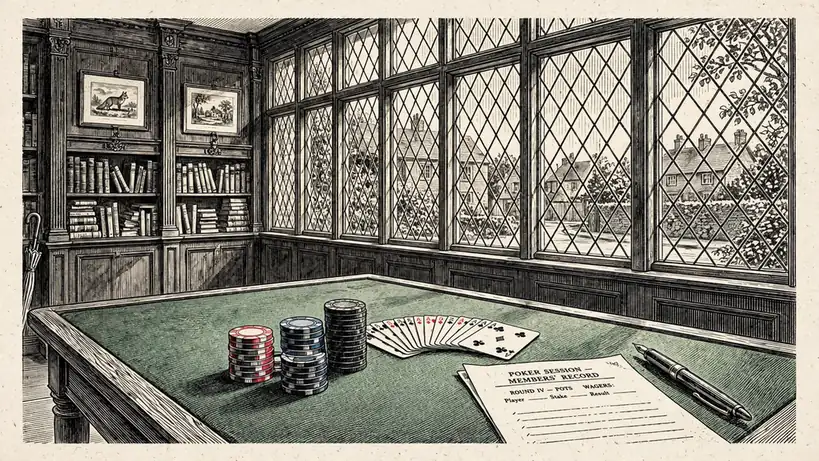 Casino chips and playing cards on green felt in a British club interior.