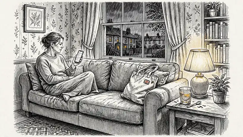 British woman relaxing with a phone in a cosy UK living room at dusk