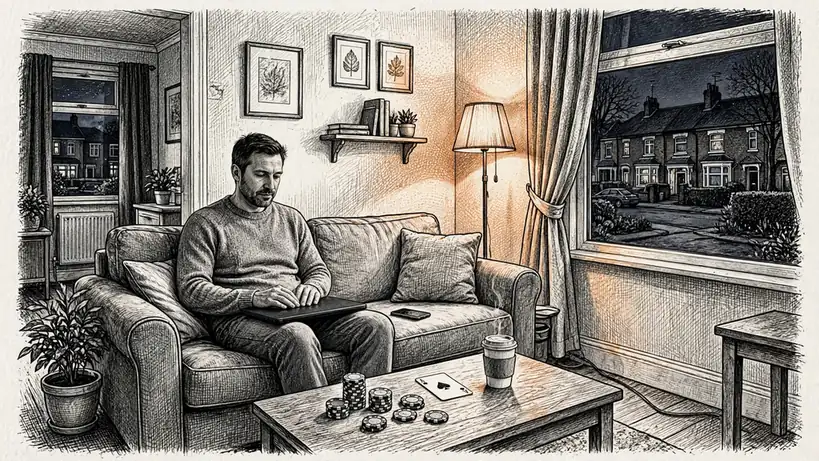 Man in a British living room with closed laptop and casino chips on the table.