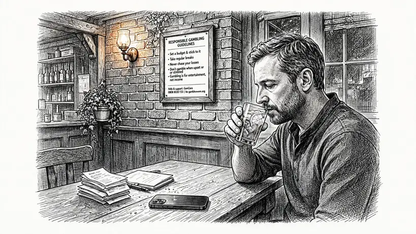 Person in a British pub reviewing betting receipts and responsible gambling notes at a quiet table.