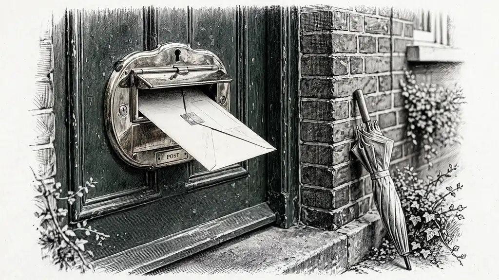 Sealed envelope entering the brass letterbox of a green British front door.