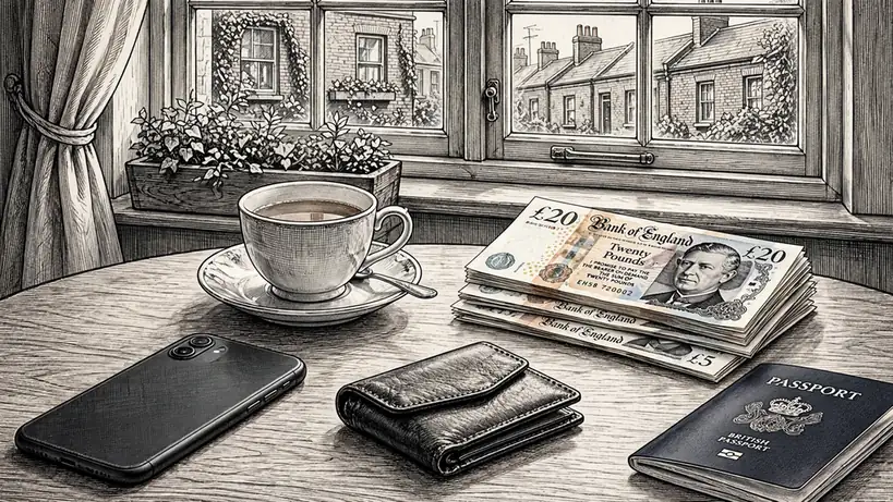 Smartphone with British money, passport and wallet on a wooden table.