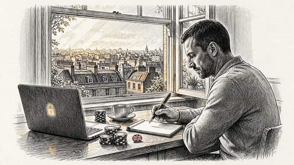 Person at a London desk reviewing options with a padlock laptop, casino chips, and Union Jack pin