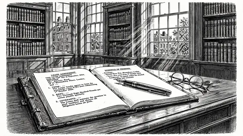 Open legal document on a mahogany desk with fountain pen and reading glasses in a London study