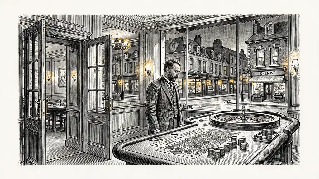 Interior of a UK casino with a roulette table and croupier