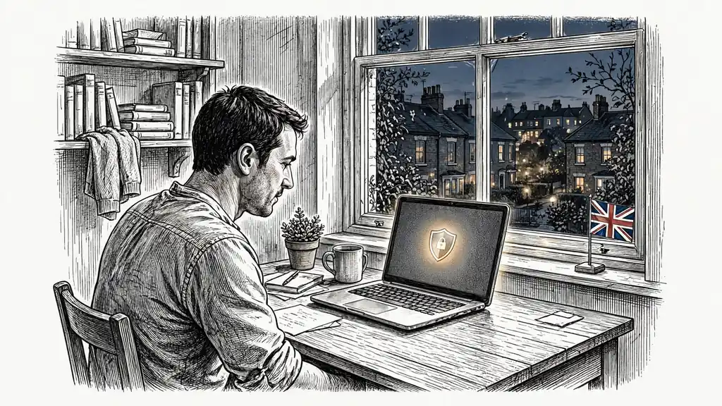 Man at home desk using VPN-secured laptop with UK flag